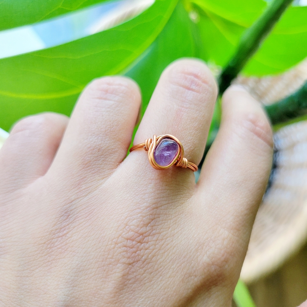 Dainty Handmade Rose Gold Purple Quartz Stone Wire Ring, size 6